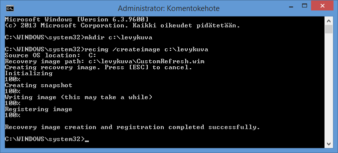 Windows 8.1 s. 55/60 3. Kirjoita komentoriville seuraava komento ja paina Enteriä luodaksesi kansion levykuvaa varten. mkdir c:\levykuva 4. Levykuva luodaan recimg-komennolla.