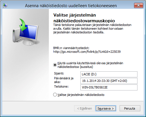 Windows 8.1 s. 59/60 6. Jatka eteenpäin Seuraava-painikkeella, kunnes viimeisestä ikkunasta löytyy Valmis-painike. Napsauta sitä, jolloin palautus alkaa.