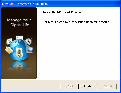 Kuva 14: AutoBackup-ohjelman Setup Status (Asennuksen tila) -ikkuna Kun asennus on valmis, näyttöön tulee AutoBackup-ohjelman InstallShield Wizard Complete (Ohjattu InstallShield-toiminto on valmis)