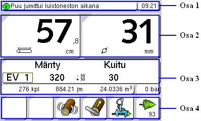 53 / 146 Kuva 36. Käsittelyikkuna Toiminnalliset osat on kuvattu tarkemmin seuraavissa luvuissa. 5.4.1.1 Osa 1: Infopalkki ja äänimerkki Näytön yläosassa on infopalkki, jossa näytetään hälytykset ja muut viestit sekä kellonaika.