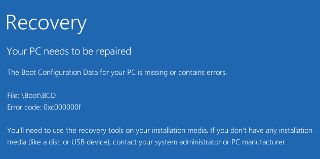 4. Käynnistä tietokone uudelleen kiintolevyltä. Järjestelmä ei voi käynnistyä koska käynnistysdata puuttuu. 5. Käynnistä tietokone uudelleen Windows asennusmedialta tai järjestelmän korjauslevyltä.