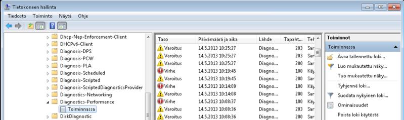 Avaamalla Microsoft Windows Diagnostic-Performance Toiminnassa loki voidaan selata suorituskykyyn liittyviä merkintöjä.