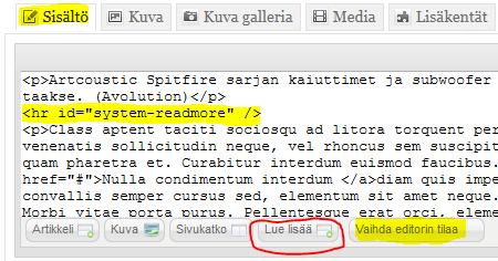 Editori: linkit, kuva, sivukatko, lue lisää, vaihda editorin tilaa Tekstiin voidaan lisätä sisäisiä linkkejä muihin sivuston teksteihin editorin alapuolella olevasta Artikkeli-nappulasta.