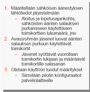 Vaalien perustaminen tekniset toimenpiteet Pilotin tuotantoympäristö asennetaan ennen vaalin perustamista - Laitteet, ohjelmistot ja tietoliikenne - Perustietojen siirtäminen vaalitietojärjestelmästä