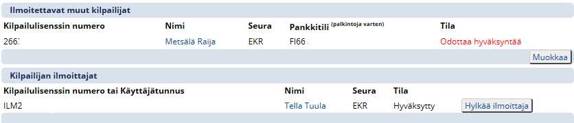 10.6 Valitse Lisää kilpailija 10.7 Syötä lisättävän kilpailijan kilpailulisenssin numero ja Hae 10.8 Valitse henkilö ja Ok 10.