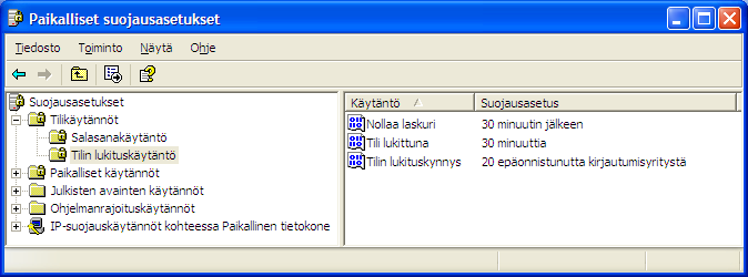 KR TT- koulutuskiertue 8.12.2008 Oulu - Windows-työasemakäyttöjärjestelmät Kimmo Rousku sivu 113 Turva-asetukset Lukituskynnyksen avulla estetään käyttäjätilin krakkerointi eri ohjelmilla.