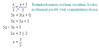 . Murto- ja verrantomuotoisen yhtälön ratkaiseminen Verrantomuotoisessa yhtälössä kaksi murtolauseketta on merkitty yhtä suuriksi. Murtoyhtälö on yhtälö, jossa tuntematon esiintyy nimittäjässä.