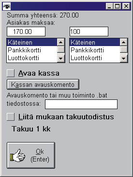 28.10.2004 Kun tuotetta haetaan viivakoodin avulla ohjelma saadaan näyttämään myös eri hintavaihtoehdot. Tämän toiminnon saa päälle Alennukset ym. hinnan muodostus napin takaa. 30.10.2004 Video-Opaste kassapääteohjelmiston alkuasetuksista.