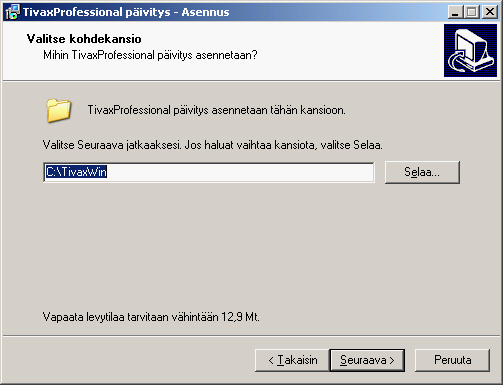 Tivax versio 4.5 päivitys 2 2. Valitaan kansio jonne päivitys asentuu Suositus on, että ohjelma asennetaan tähän kansioon, tämä on ollut myös ensiasennuksen asennuskansio.