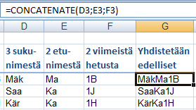 Excel 2007 Funktiot 13 FIND(etsittävä merkki, merkkijono josta etsitään) LEN(merkkijono) ETSI-funktiolla etsitään annettua merkkiä tai merkkijonoa toisessa solussa olevan merkkijonon sisältä ja