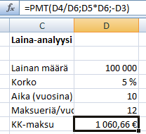 Excel 2007 Funktiot 15 TALOUDELLISET FUNKTIOT PMT-funktio (MAKSU) PMT-funktiolla (MAKSU) voi laskea annuiteettilainan kuukausierän, jolla pankit laskee esim. asuntolainan kuukausierän.