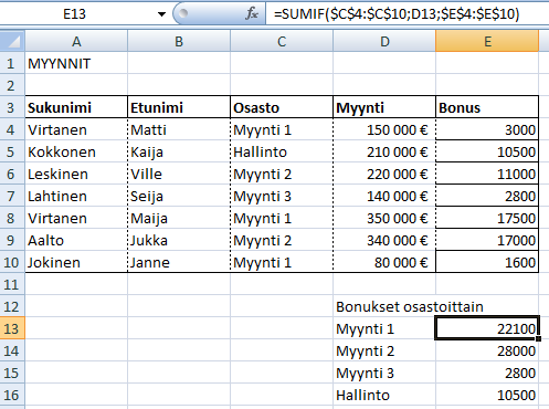 Excel 2007 Funktiot 7 MATEMAATTISIA FUNKTIOITA COUNTIF-funktio (LASKE.JOS) COUNTIF-funktilla voi laskea lukumäärän annetun ehdon mukaan esim. kuinka monta Myynti1 henkilöä luettelossa on 1.