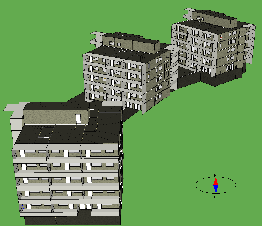 nuksien suunnat toisiinsa nähden. Lisäksi kuvassa on esitetty eteläpohjoissuunta. (EQUA Simulation AB, 2013) (Aalto University, 2013) Kuva 21. Kohderakennuksien mallinnus IDA-ICE -ohjelmistossa.