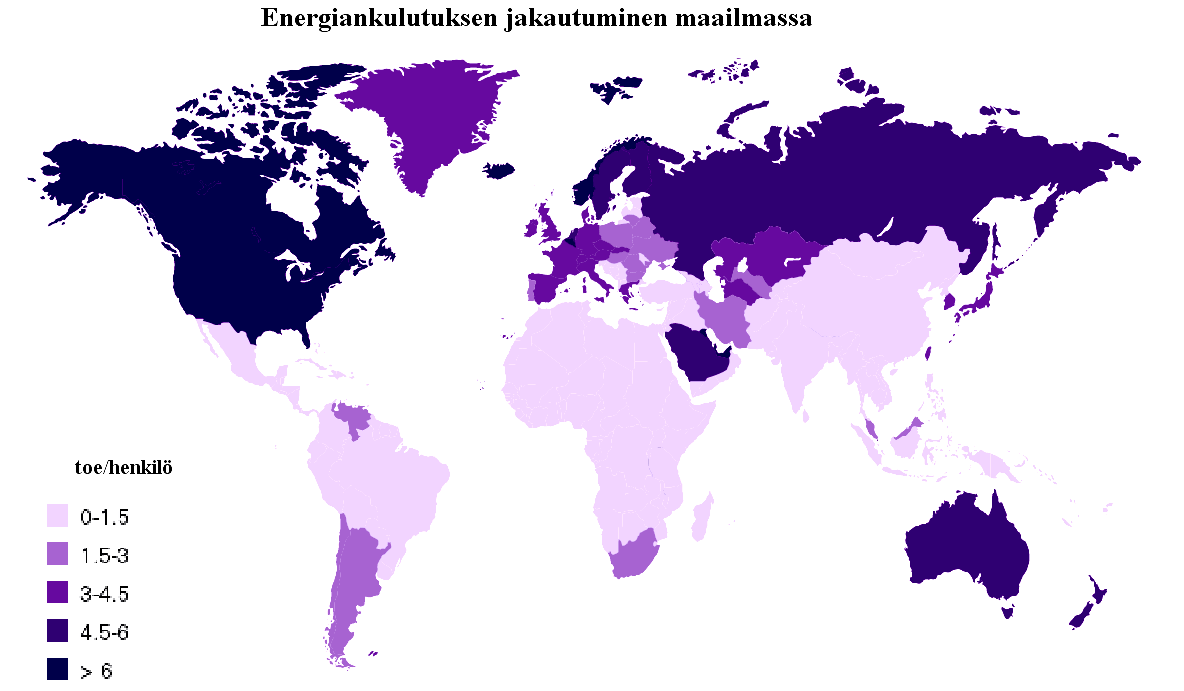 25 KUVA 7. Energiankulutuksen jakautuminen maapallolla henkilöä kohden (BP 2004). Maailman energiankulutus on ollut nopeassa kasvussa.