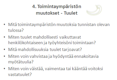 sinut itsesi kanssa! Arvomailmaan päivitys työntekijöiden kanssa. Mirja esitti nelikenttämallin, jossa osa-alueina työ, perhe, harrastus ja talous.