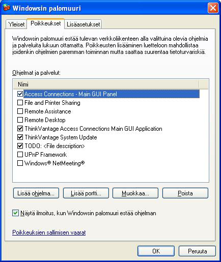 Kuva 52. Windowsin palomuuri -ikkuna. 3. Valitse Poikkeukset-välilehti ja napsauta Ohjelman lisääminen -painiketta. 4.