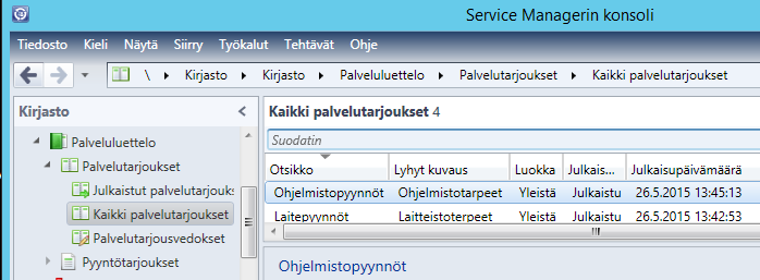 Palveluluettelo (Service Catalog) - Palvelutarjoukset (Service Offerings) Sisältää eli ryhmittelee pyyntötarjouksia, esim.