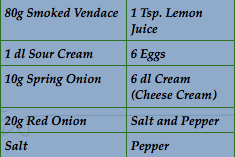 Vendace Pie and Smoked Vendace Mousse Pie - Prepare 500g of pie dough. Roll the dough. Place smoked vendace, chopped red onions and spring onions on the pie. Add the mix of eggs and cream.