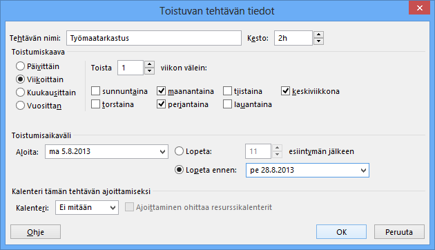 Toistuva tehtävä Harjoituksessa on unohdettu työmaatarkastukset, jotka nyt lisätään suunnitelmaan.