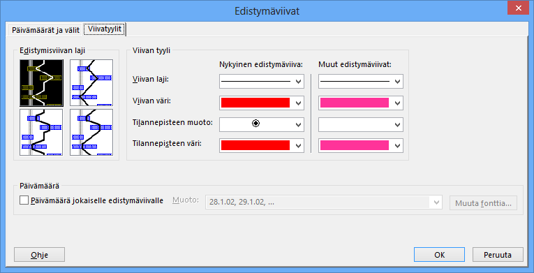 Kuva 85 Edistymisviivat ( Progress Lines) - valintaikkuna Tee kuvaan merkityt asetukset.