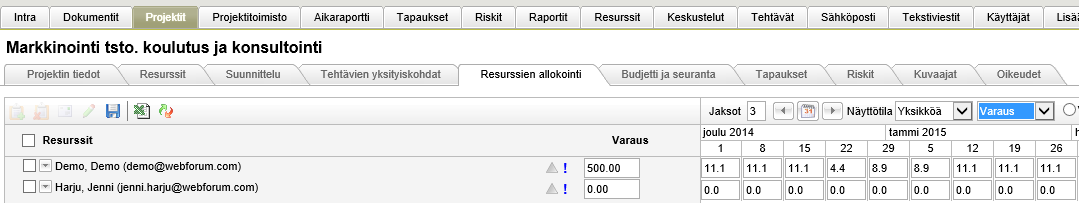 Varaus Usein projektin tehtävät täsmennetään myöhemmässä vaiheessa kun taas resurssit varataan eli määritetään jo ennen projektin käynnistymistä. Tämä tehdään varaustoiminnon avulla.