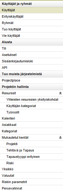 Asetukset Projektinhallinnan moduuleita ja toimintoja ohjataan ja määritellään Asetukset moduulissa. Kohdat, jotka ovat tärkeitä projektinhallinnassa, ovat Käyttäjät, Ryhmät, API ja Projektinhallinta.