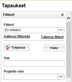 Klikkaamalla "Hallinnoi Filttereitä" avaat ikkunan, jossa on mahdollista vaihtaa filtterin nimi, mitkä sarakkeet näytetään ja lajitellaan. Hallinnoi filttereitä Voit etsiä hakusanalla tapauksia.