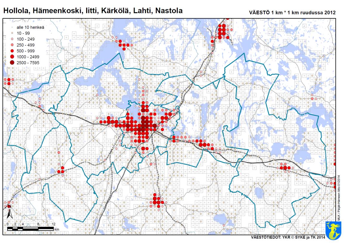 Kuntajakselvitysalueen väestön määrän jakautuminen 1kmx1km ruuduklle. Tummemman punaiset pallt kuvaavat suurempaa väestötiheyttä. Kuva: PäijätHämeen liitt/ Syke ja Tilastkeskus. 2.