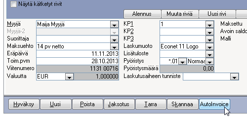 10 (15) Laskujen päiväys: Finvoice-aineistoon valittujen laskujen uusi kirjauspäivä. Tällä määrityksellä voit asettaa Finvoice-aineistoon valittujen laskujen kirjauspäivän.