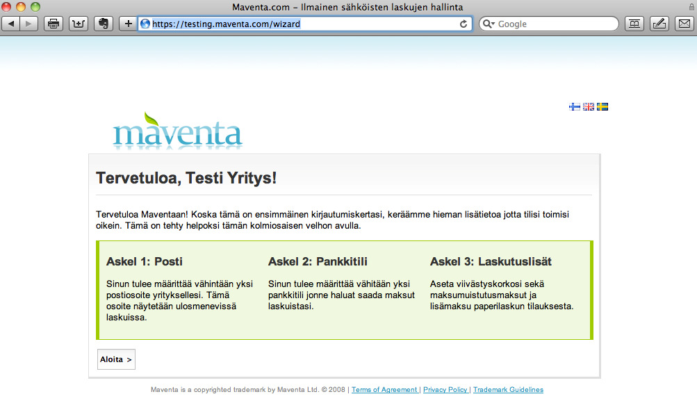 4 (15) 1.3 Verkkolaskutilin asetukset Visma AutoInvoice - palvelussa Käy läpi tilin määrittelyt kirjautuessasi palveluun ensimmäistä kertaa.