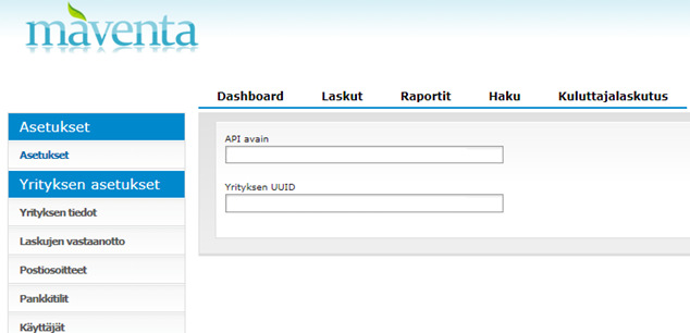 7 (15) Hae Visma AutoInvoice -palvelunhallinnasta API-avain sekä yrityksesi ns. UUID-koodi. Näet sen painamalla Asetukset-linkkiä sivun oikeassa yläreunassa.