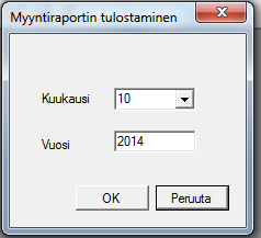 18(27) 3.6. Kuukausimyyntiraportti Löytyy kohdasta Raportit Kuukausimyynti Valitse oikea kuukausi ja vuosi sekä klikkaa OK.