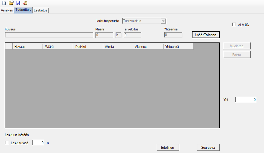 22(27) 4.1.2. Työerittely-välilehti Klikkaa Lisää/Tallenna-painiketta, jolloin syöttökentät avautuu. Laskutusperuste, syötä tapahtuman kuvaus ja laskutusmäärä.