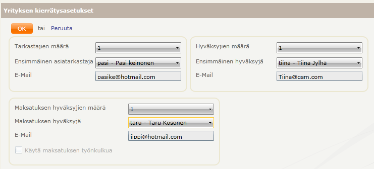 Toukokuu 2012 38 (57) Yrityksen kierrätysasetukset-sivulla esitetään seuraavat asetukset käyttäjälle: Käyttäjä voi määritellä peräkkäisten tarkastajien määrän ja syöttää tarkastajien tiedot.