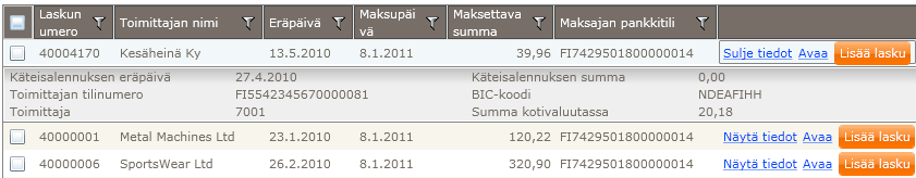 Toukokuu 2012 45 (57) 18.1. SEPA-maksut Laskujen pitää olla tilassa "Ostolasku hyväksytty ja valmis maksatukseen" tai "Ostolasku hyväksytty ja valmis maksatukseen (ulkomaanmaksu)".