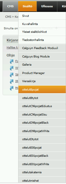 5. Ottelut Jokaiselle joukkueella on oma ottelusivu. Sisältö -> joukkueen ottelut. uusi ottelu lisätään painamalla Add item. Title Ottelut moduulissa näkyvä nimi.