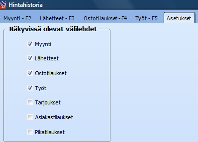 HINTAHISTORIA HINTAHISTORIASSA MYÖS PIKATILAUKSET, ASIAKASTILAUKSET JA TARJOUKSET Hintahistoria- toiminnossa on uusi välilehti Asetukset, jolla voidaan valita, mitkä välilehdet hintahistoriassa