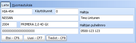 AJONEUVON TIETOIHIN HALTIJAN NIMI JA PUHELIN Ajoneuvon tiedoissa on asiakkaan kohdalla kentät Haltija ja Puhelinnro.