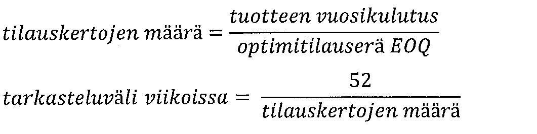 Optimitilauserä EOQ Optimitilauserän kaavassa D= vuosikysyntäarvio (kpl) TK = toimituserän erilliskustannus ( ) H = yksikköhinta ( /kpl) VK = varastointikustannus (yksikköhinnasta) 4.