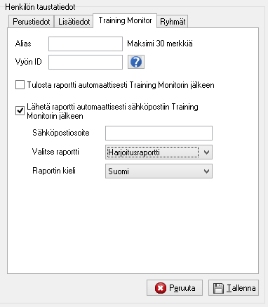 Kuva 12. Henkilön Training Monitor asetukset Henkilökohtaisia Training Monitorin tietoja ja ryhmien henkilötietoja voidaan muokata myös henkilöiden hallinnan kautta.