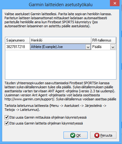 GARMIN LAITTEIDEN ASETUKSET Garmin-laitteiden käyttämiseksi SPORTS ohjelmassa käyttäjän täytyy asettaa laitteen sykevälitallennus päälle ohjelman asetustyökalun avulla.