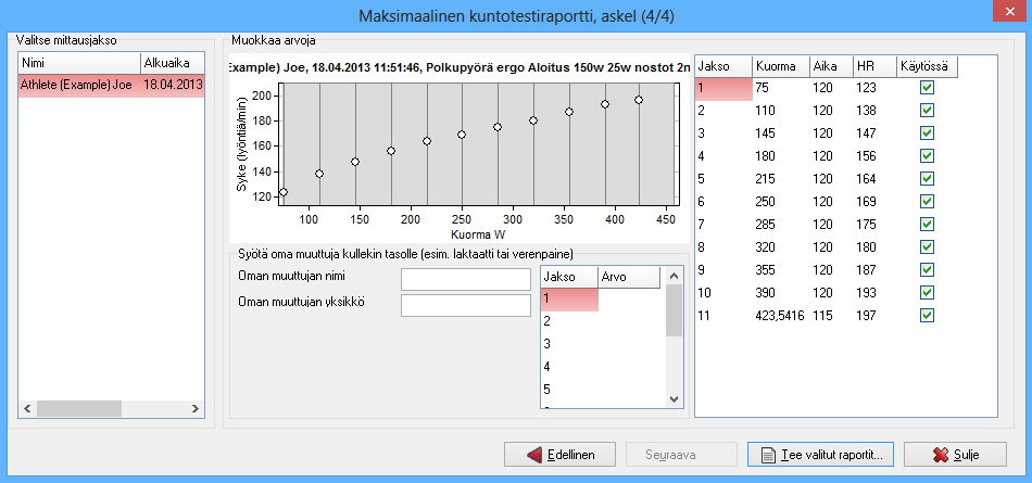 MAKSIMAALISEN KUNTOTESTIN RAPORTTI Maksimaalinen kuntotesti on vapaa kuntotesti. Ohjelma antaa paljon mahdollisuuksia omien asetuksien määrittämiseen.