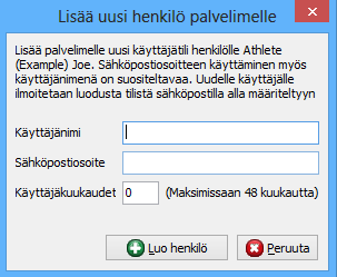 Kuva 56. Lisää uusi henkilöprofiili palvelimelle. Anna henkilön käyttäjänimi ja sähköpostiosoite uutta henkilöprofiilia varten.