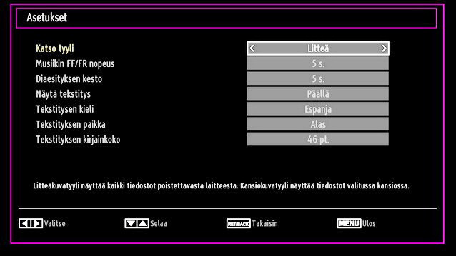 Jos käynnistät toiston painikkeella ja aktivoit symbolin, TV toistaa seuraavan musiikki-/ videotiedoston. Toisto jatkuu ja kun luettelon loppu saavutetaan, alkaa toisto alusta (silmukkatoiminto).