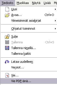 - 102 - Asiakirjasta voidaan tehdä myös XHTML-asiakirja (muotoa XHTML 1.0 Strict) toimenpiteellä Tiedosto -> Vie.