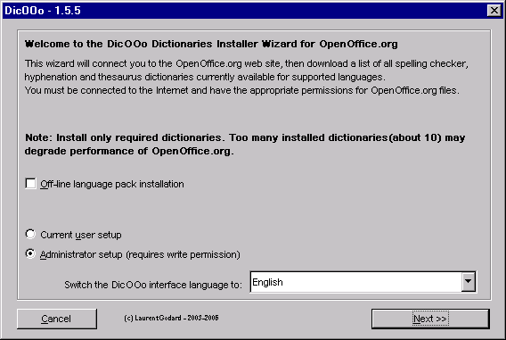 - 129 - Seuraavalla näytöllä voit mm. valita, otetaanko sanakirjat käyttöön vain nykyiselle käyttäjälle (Current user setup) vai tämän tietokoneen kaikille käyttäjille (Administrator setup).