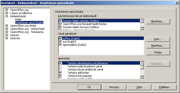 - 134-1 2 3 5 4 Kirjoituksen aputyökalut -näytön kohdassa Asetukset on joukko oikeinkirjoitusta koskevia valintoja. Rastita harkintasi mukaan esim.