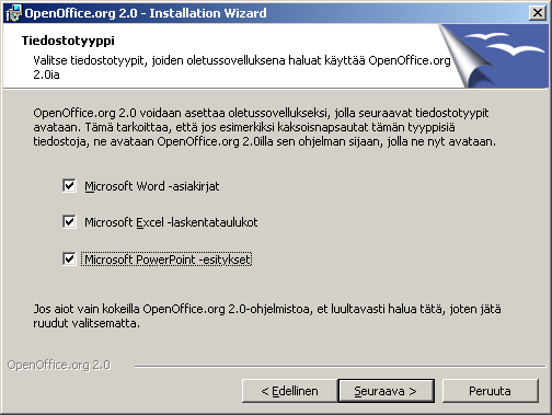 -8- (9) Näyttö "Tiedostotyyppi. Tällä näytöllä voit kytkeä OpenOfficen avaamaan automaattisesti Microsoft Word, Excel ja PowerPoint -tiedostot.