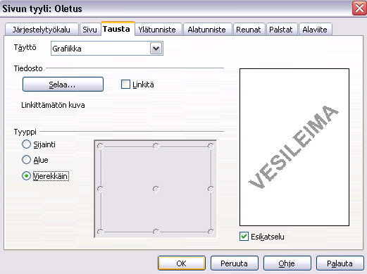 - 167 keesta OK. Huomaa, että jos asiakirjassa on käytössä monta sivutyyliä, vesileima-asetus pitää tehdä jokaiselle sivutyylille.