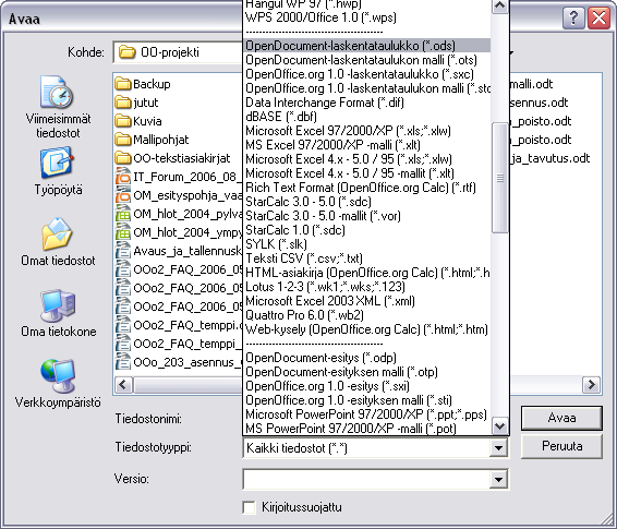 - 178 SYLK (*.slk) HTML (*.htm ja *.html) Pocket Excel (*.pxl) Tiedostomuodosta riippumatta tiedoston avaaminen käynnistetään aina toimenpiteellä Tiedosto -> Avaa.